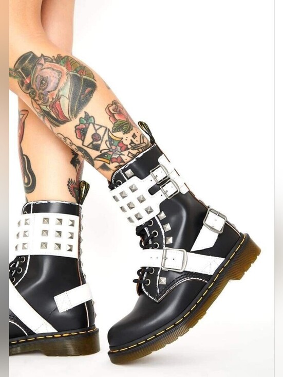 Dr. Martens Shoes - Dr. Martens Black & White Studded Buckle Combat Boots